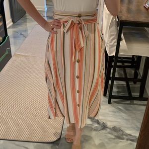 Striped button midi skirt with tie, orange yellow green brown